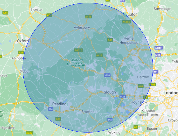 map with 20 mile radius from high wycombe